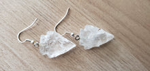 Load image into Gallery viewer, CRYSTAL QUARTZ ARROWED PAIR OF EARRINGS DROP/DANGLE SILVER PLATED WITH BLACK & GOLDEN VELVET POUCH.