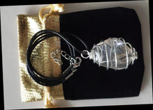 Load image into Gallery viewer, HIMALAYAN CRYSTAL SILVER PLATED CAGED PENDANT WITH 18&quot; L CORD &amp; GIFT POUCH.
