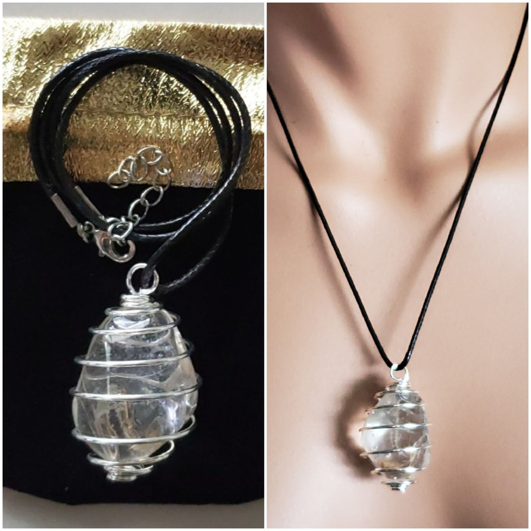 HIMALAYAN CRYSTAL SILVER PLATED CAGED PENDANT WITH 18