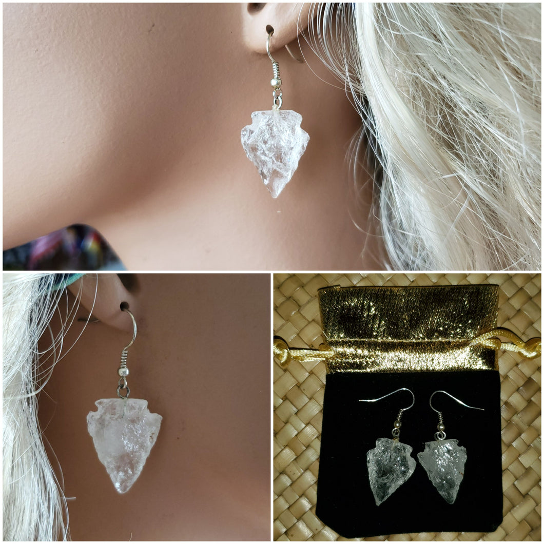 CRYSTAL QUARTZ ARROWED PAIR OF EARRINGS DROP/DANGLE SILVER PLATED WITH BLACK & GOLDEN VELVET POUCH.