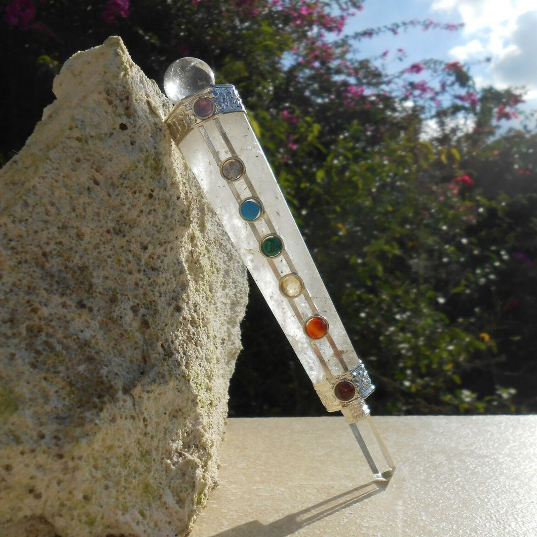 7 CHAKRA FACETED CRYSTAL QUARTZ HEALING AURA WAND WITH CRYSTAL BALL & POINT.
